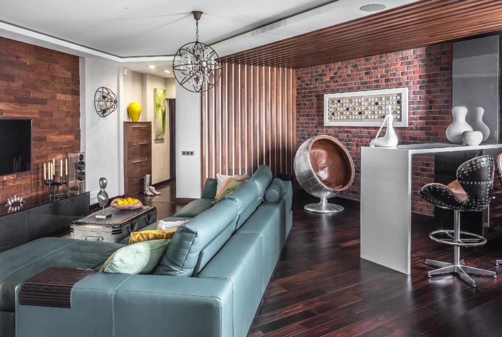 Canto estofado na cozinha, sala de estar art déco e loft