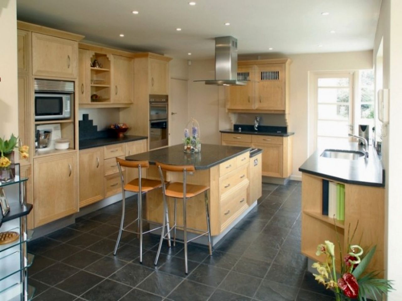 kitchen with dark floor decor photo