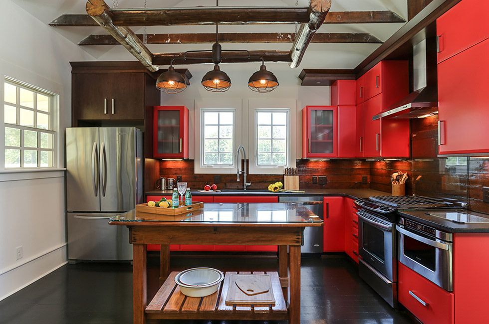 kitchen with dark floor decor