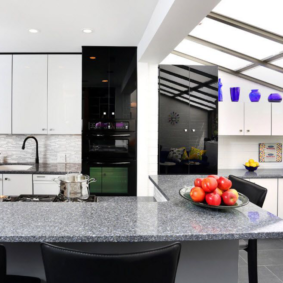 kitchen with dark floor interior photo