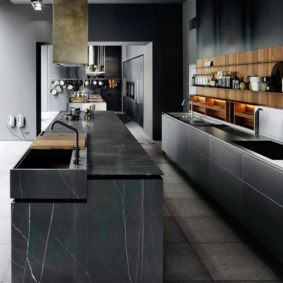 kitchen with dark floor interior photo