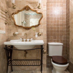 Brown lid on a white toilet