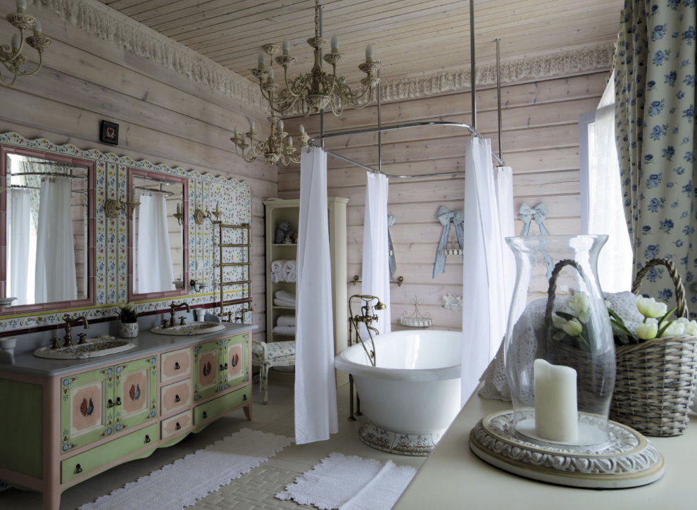 White curtains around the bathroom in a rustic house