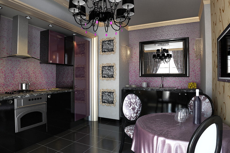 Espelho de moldura preta na parede da cozinha art deco