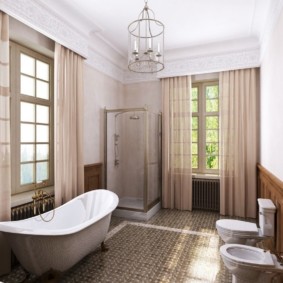 ผ้าม่านในการตกแต่งภายในของห้องน้ำ