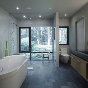 หน้าต่างแบบพาโนรามาในห้องน้ำของบ้านในชนบท