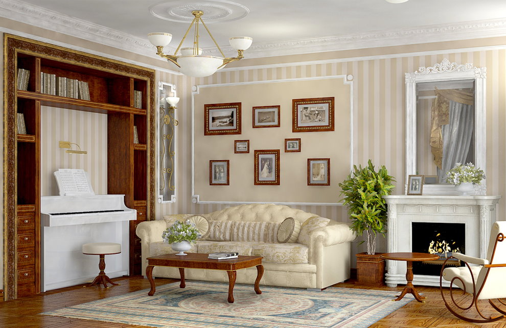 Kamin im Wohnzimmer einer Wohnung von 60 Quadratmetern