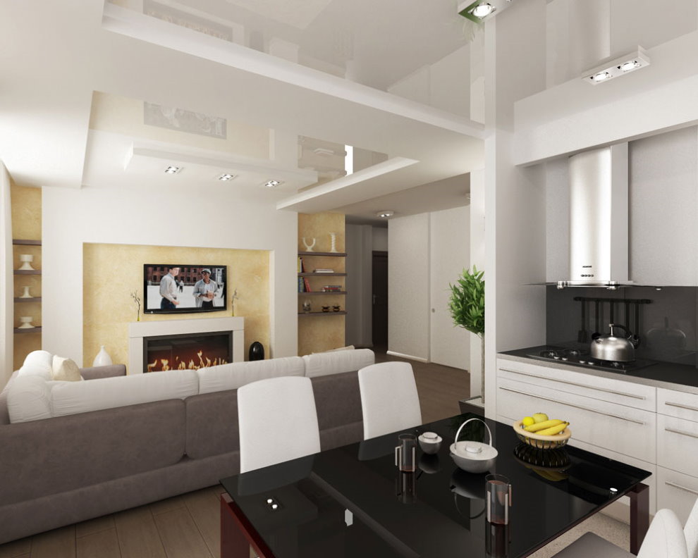 Cuisine-séjour avec plafond tendu