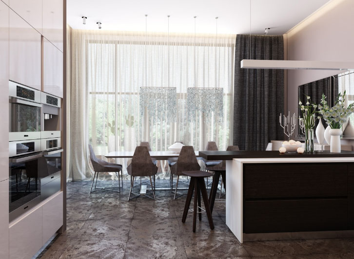 Grande décoration de fenêtre dans une cuisine spacieuse