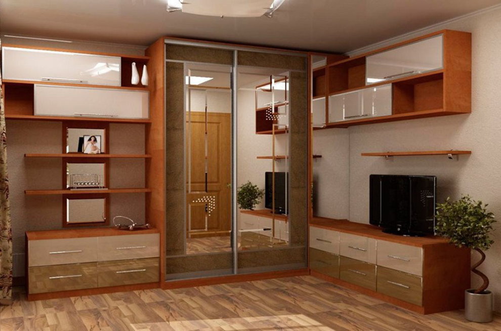 Ъглов зид с отворени рафтове за залата