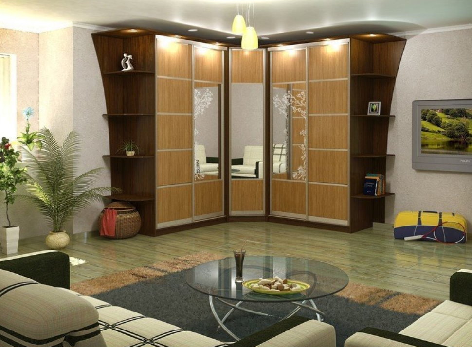 Модулна стена в ъгъла на залата с ламинат