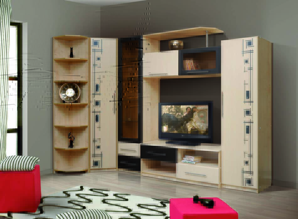 mur d'angle pour le téléviseur dans le salon