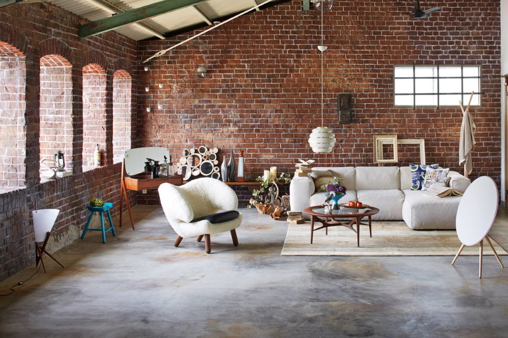 พรมในกลุ่มโซฟาของห้องโถงสไตล์อุตสาหกรรม