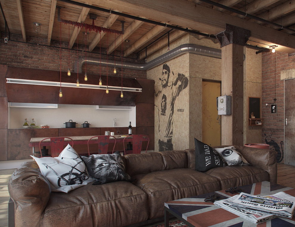 โซฟาหนังในห้องครัวสไตล์ห้องใต้หลังคา