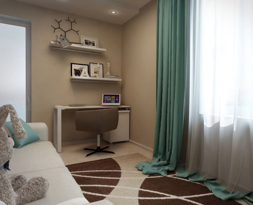 Kinderzimmer mit türkisfarbenen Vorhängen