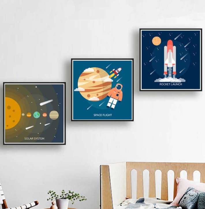 Affiches spatiales dans une chambre d'enfant