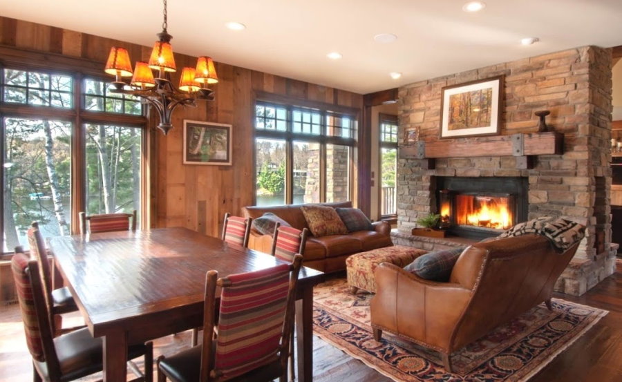 Two leather sofas in the living room of a country house