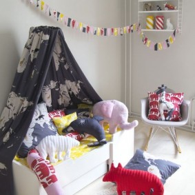 Children's toys on a small sofa