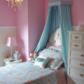 Blue canopy in a pink room