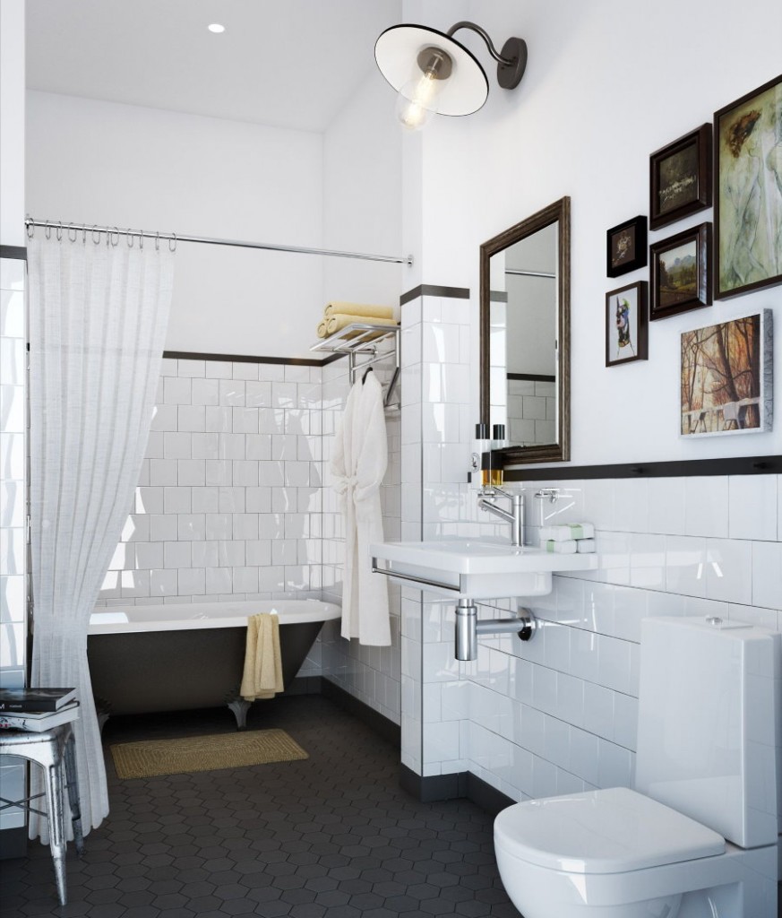 Cadres photo sur le mur de la salle de bain combinée