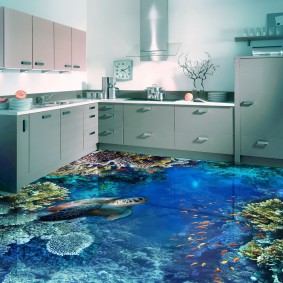 Cuisine d'angle avec plancher autonivelant