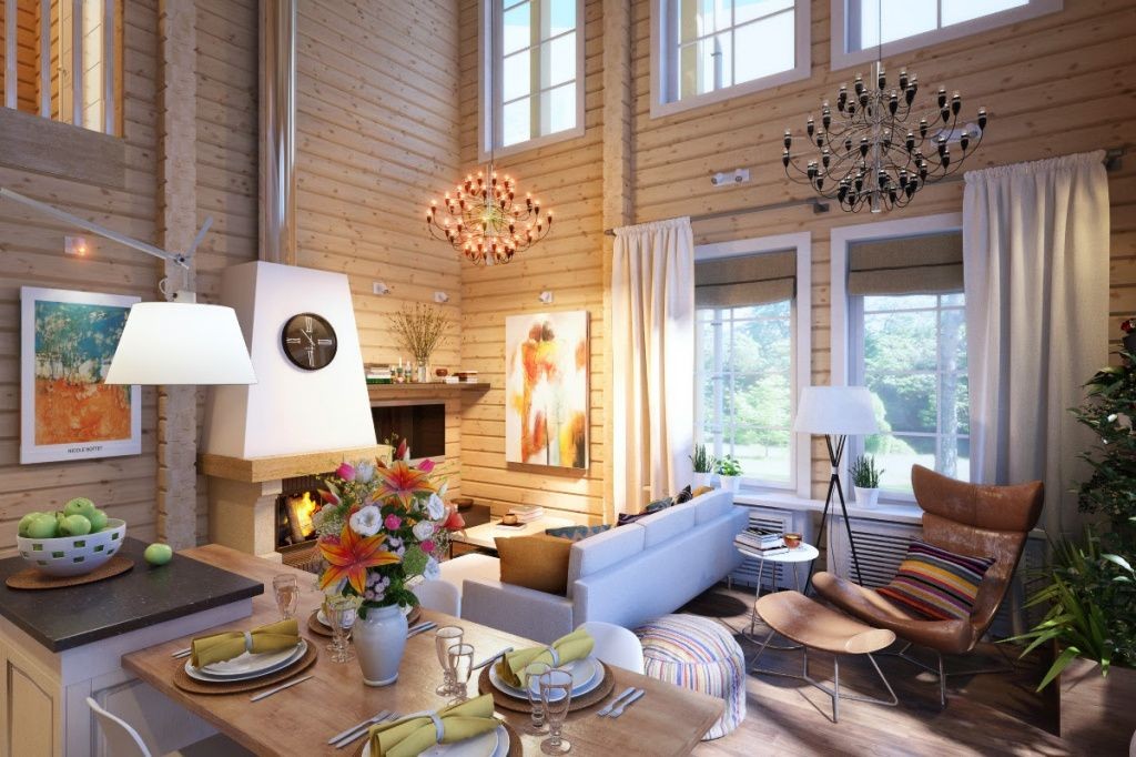 Chandeliers in the interior of the living room of a wooden house