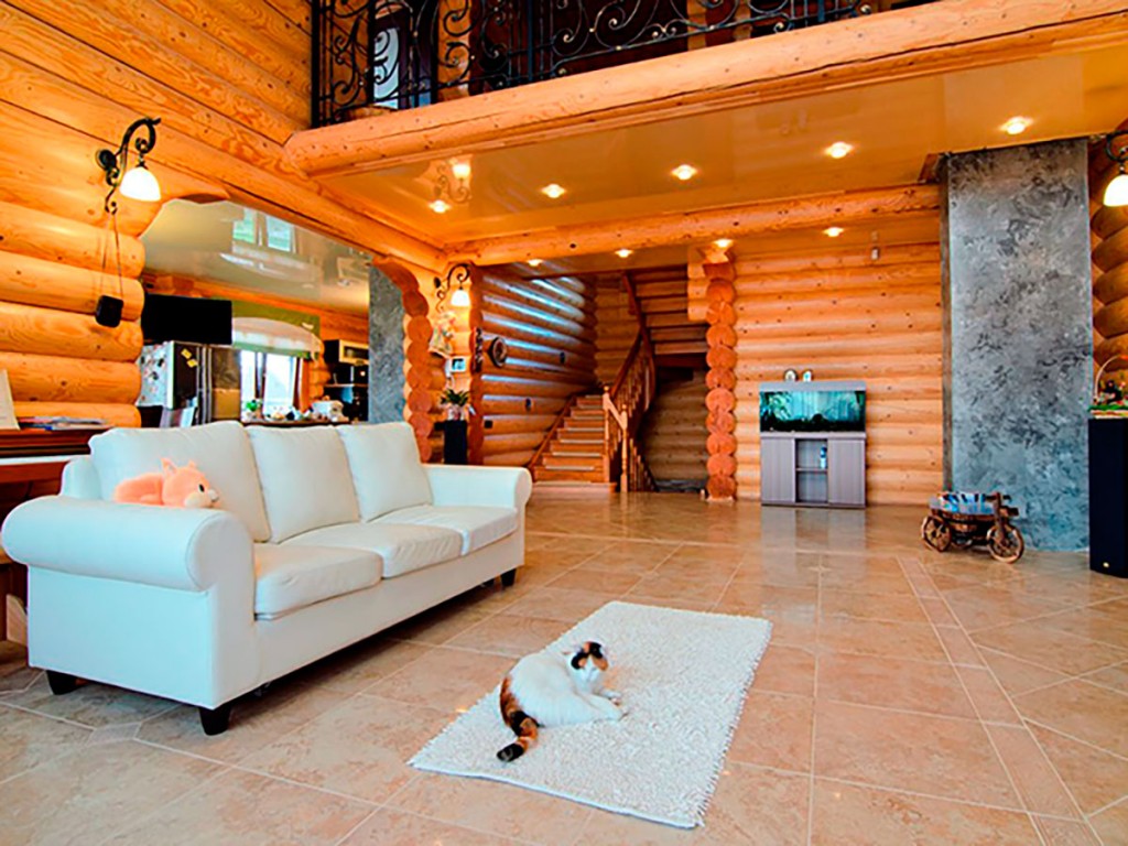 White sofa in the living room of the house made of logs