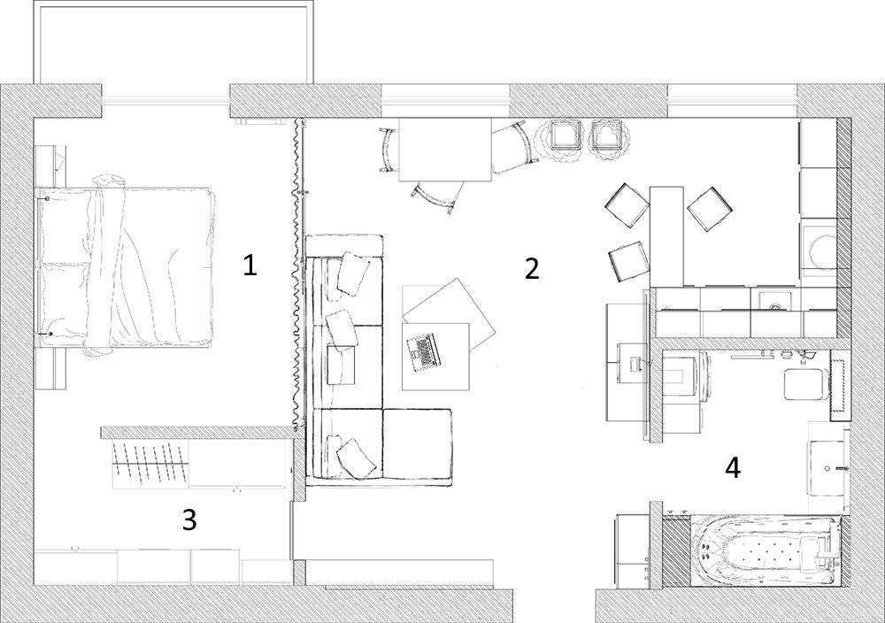 Schéma de réaménagement de stalinka 70 mètres carrés dans un studio
