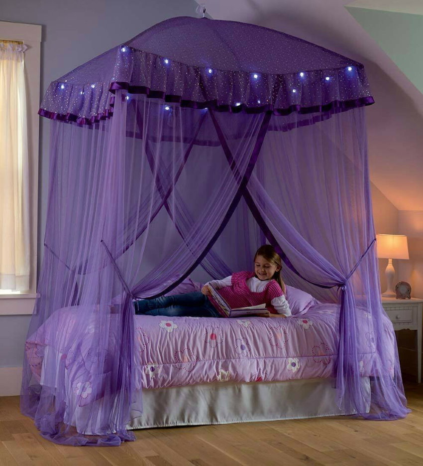Lilac canopy over the bed of a teenage girl