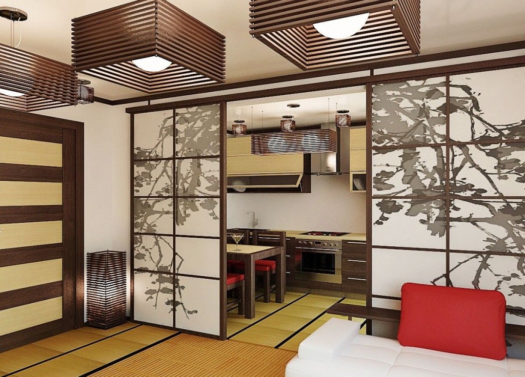 Parete divisoria scorrevole in un appartamento in stile giapponese
