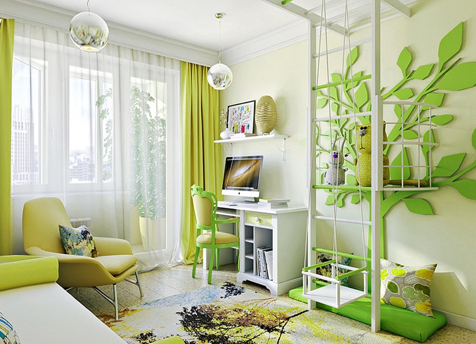 ต้นไม้สีเขียวบนผนังห้องเด็ก