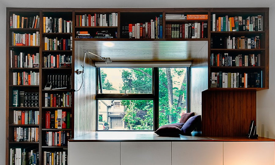 Storage space for books on shelves around a window