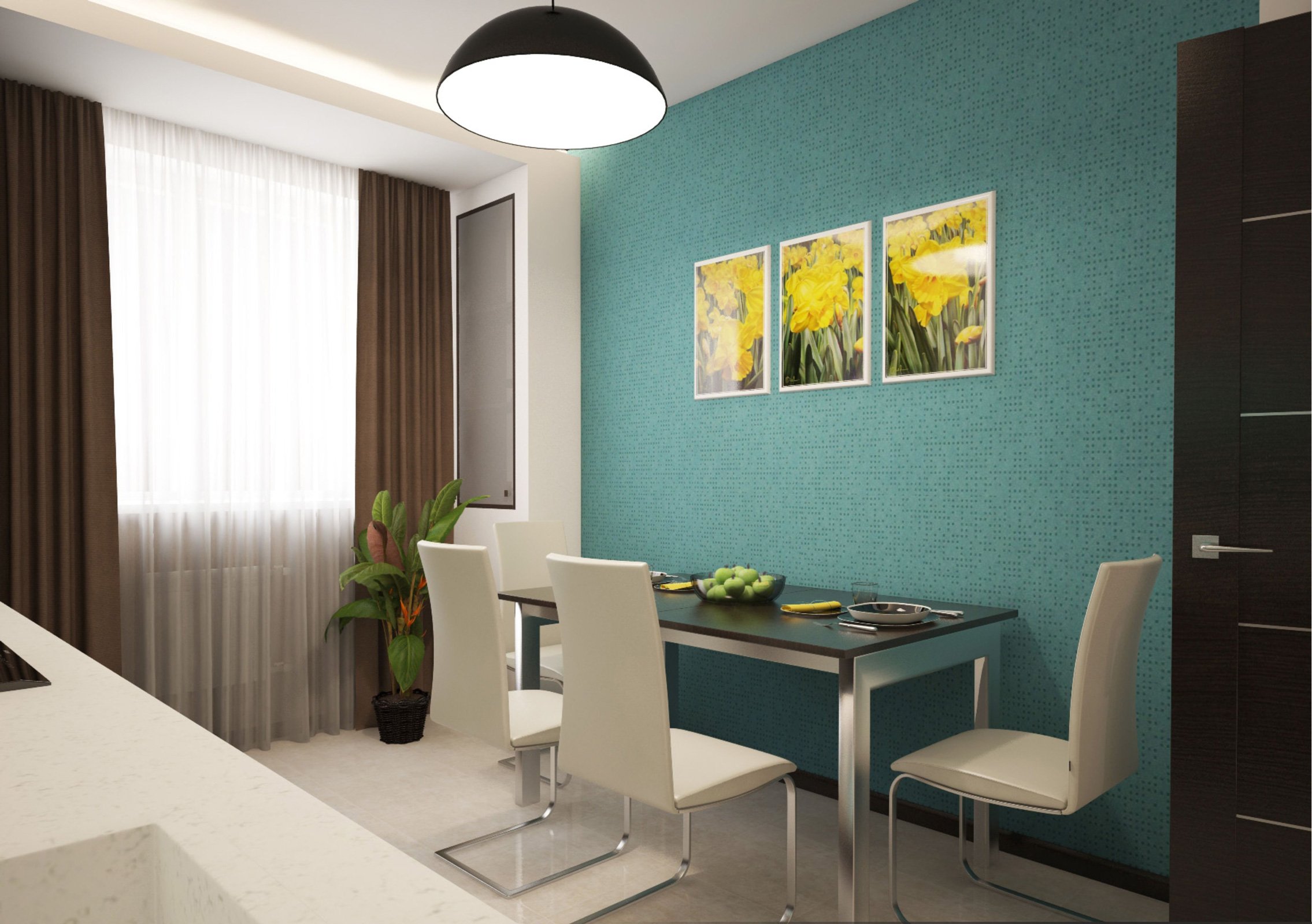 papier peint turquoise sur une petite cuisine