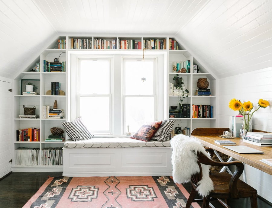 Built-in shelving in the attic bedroom