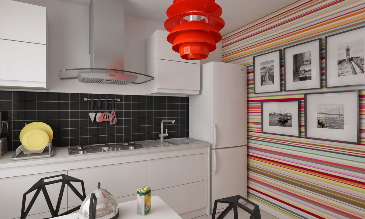 papier peint à rayures pour une petite cuisine